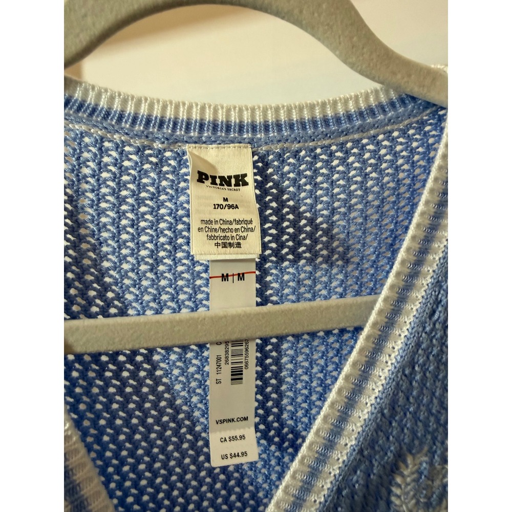 Victoria's Secret PINK Blue Open Knit V-Neck Sweater Vest Crest Logo NWT Medium - Picture 4 of 13